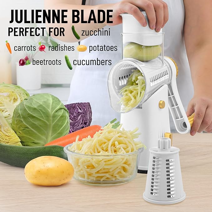Zulay Kitchen Rotary Cheese Grater 5 Blade Cheese Shredder - Manual Hand Crank Cheese Grater With Reinforced Suction & 5 Interchangeable Drums - Easy to Use, Vegetable Chopper Round Mandoline Slicer