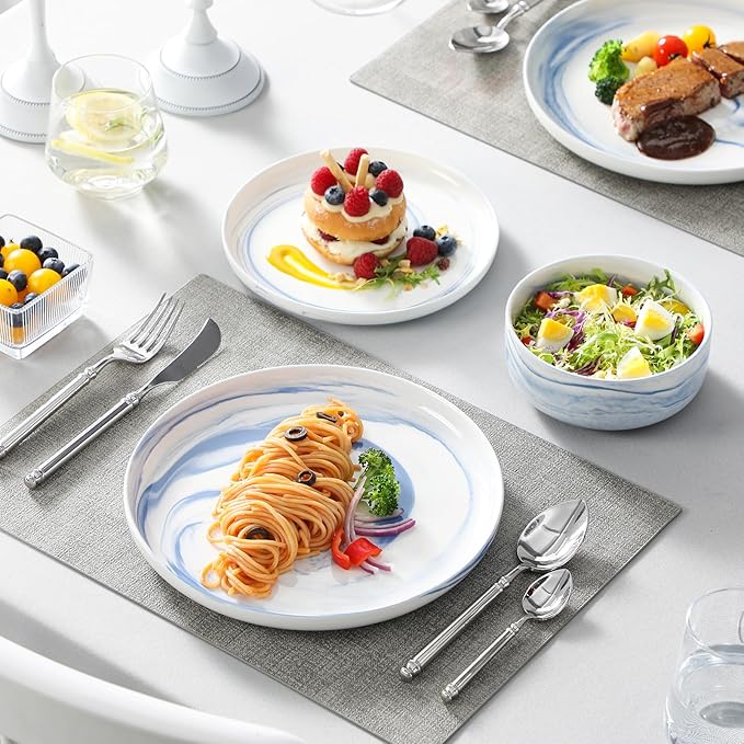 MALACASA Plates and Bowls Sets, 12 Pieces Porcelain Dinnerware Sets Dishware Sets Chip Resistant Ceramic Dish Set Dining Dinner Ware Service for 4, Marble Blue, Series LUNA