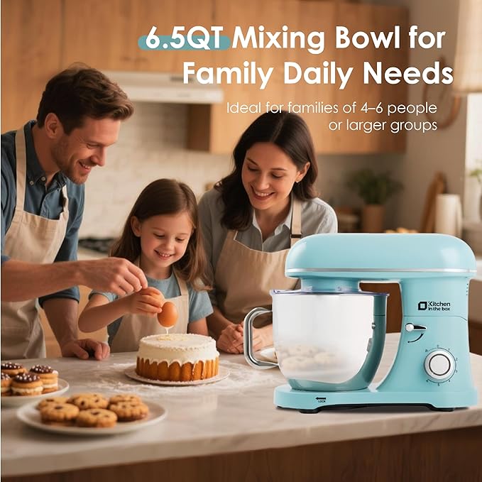 Kitchen in the box Stand Mixer - 6.5 Quart Mixing Bowl with Handle, 900 Watt Powerful Heavy Bread Dough Standing Mixers Tilt-head with Dough Hook, Whisk, Flat Beater and Splash Guard (Blue)
