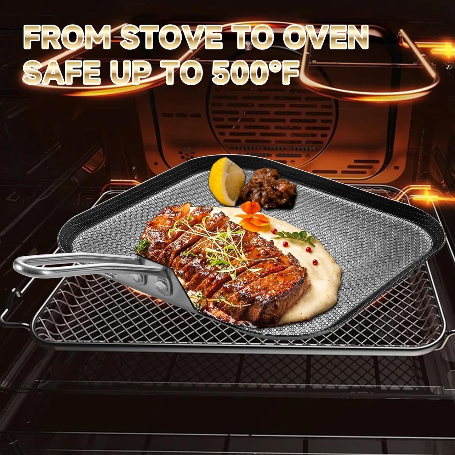 Inqibee 11 Inch Tri-ply Stainless Steel Square Griddle Pan,Hybrid Ceramic Nonstick Pancake Pan,Anti-scratch,Silicone Heat-resistant Black Handle,Dishwasher and Oven Safe