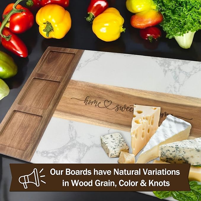 EMM Marble Cutting Board Set, Charcuterie Cheese Boards, 3 Bowls, 3 Spoons, 4 Charcuterie Utensils, Meat, Fruits, Vegetables, Housewarming, Wedding - Home Sweet Home