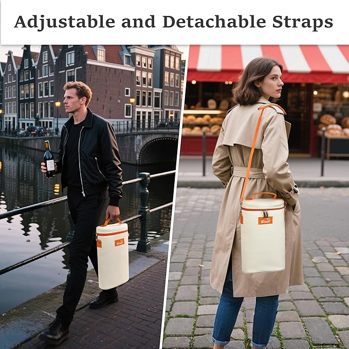 Tirrinia 2 Bottle Wine Gift Tote Carrier - Leakproof & Insulated Padded Versatile Wine Cooler Bag for Travel, BYOB Restaurant, Wine Tasting, Party, Dinner, Gift for Wine Lovers, White Orange