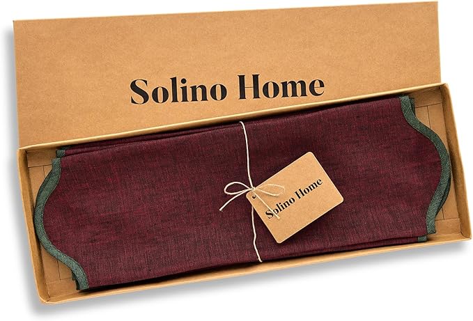 Solino Home Linen Placemats Set of 4-100% Pure Linen Forest Green and Red Garnet Round Cloth Placemats 16 Inch for Fall, Autumn, Thanksgiving - Giselle Scallop Edge, Handcrafted and Machine Washable