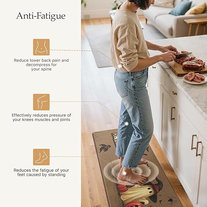 GENIMO Halloween Decorations - Kitchen Mats for Floor, 2PCS Kitchen Rugs, Cushioned Anti Fatigue Mat for Home Decor, Waterproof Non-Slip Comfort Standing Mat for Laundry, 17.3"x47"+17.3"x30", Brown