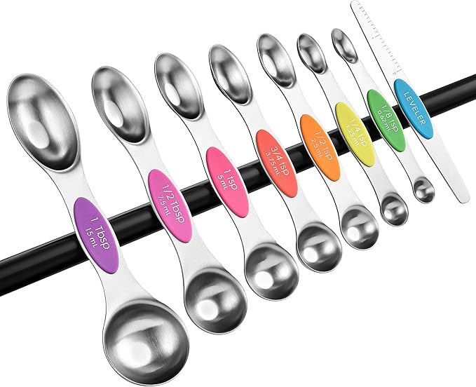 Spring Chef Stainless Steel Magnetic Measuring Spoons Set of 8 with Leveler, Nesting Metal Teaspoon & Tablespoon Measuring Spoons, Kitchen Gadgets for Baking & Cooking, Fits in Most Spice Jars - Neon