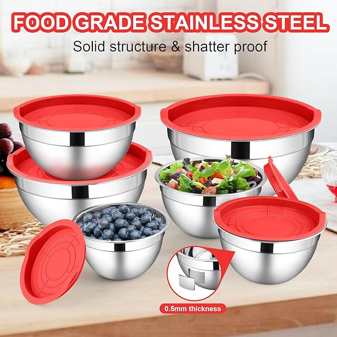 LIANYU 6 Pack Stainless Steel Mixing Bowls with Lids Sets, Large Size 7, 3.5, 2.5, 2, 1.5, 1QT, Metal Nesting Salad Bowl, Ideal for Kitchen Prepping, Cooking, Freezer Storage, Dishwasher Safe, Red