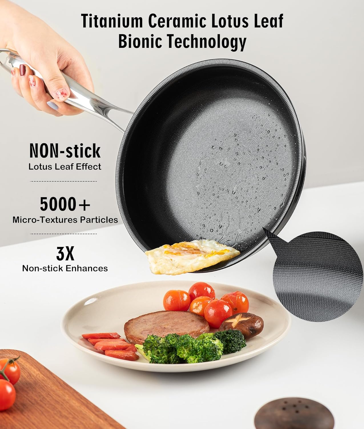 Nonstick Frying Pan Set with 3 Lids, 6 Piece Non-Toxic Titanium Ceramic Skillet, 8, 10 & 12 Inch Stainless Steel Pans, PFAS/PFOA/PTFE Free, Dishwasher & Oven Safe, All Cooktops Compatible