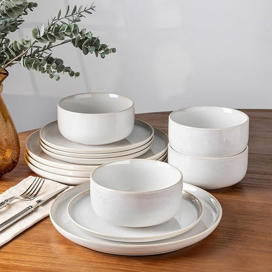 TheTerra Ceramic Dinnerware Sets for 4, 12 Pieces Handmade Reactive Glaze Plates and Bowls Set, Scratch Resistant Dish Set, Oven & Microwave & Dishwasher Safe, Star White