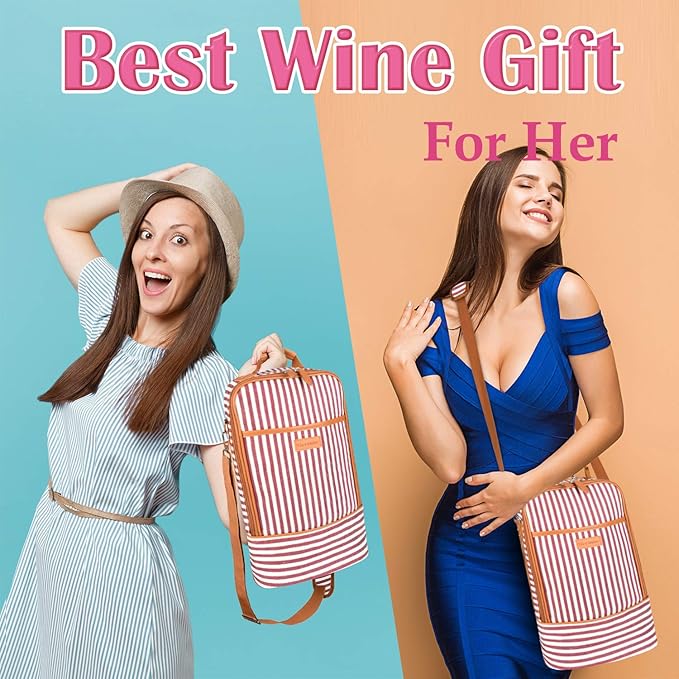 Tirrinia Insulated 2 Bottle Wine Gift Tote Bag - Wine Tumbler Glass Cooler Carrier for BYOB Restaurants, Wine Tasting, Travel, Park, Beach, Great Wine Lover Gift, Red Stripe