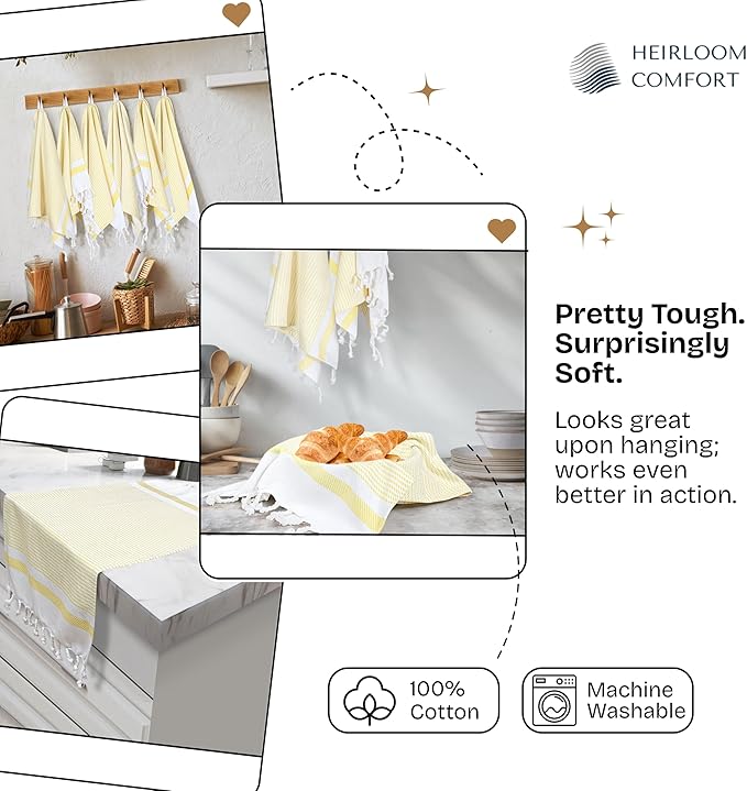 5 Pack Lemon Yellow Turkish Kitchen Towels 16"x26", 100% Cotton, Ultra Absorbent, Soft, Quick Dry, Washable, Dish Tea Towel with Tassels for Drying Dishes, Cleaning, Kitchen Use
