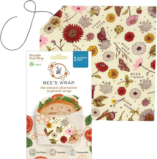Bee's Wrap Vegan Beeswax Wraps for Food - Vegan Meadow Magic Sandwich Wrap - Made in USA Reusable Bread Bags - Organic & Eco-Friendly Alternative to Aluminum Foil, Sandwich Bags & Plastic Wrap