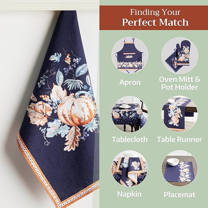 Maison d' Hermine Kitchen Towels Set of 3 100% Cotton 20" x 27.5" Reusable Cloth Tea Dish Towels Absorbent with Hanging Loop for Kitchen Dining Thanksgiving Christmas Decorations (Pumpkin Blues)