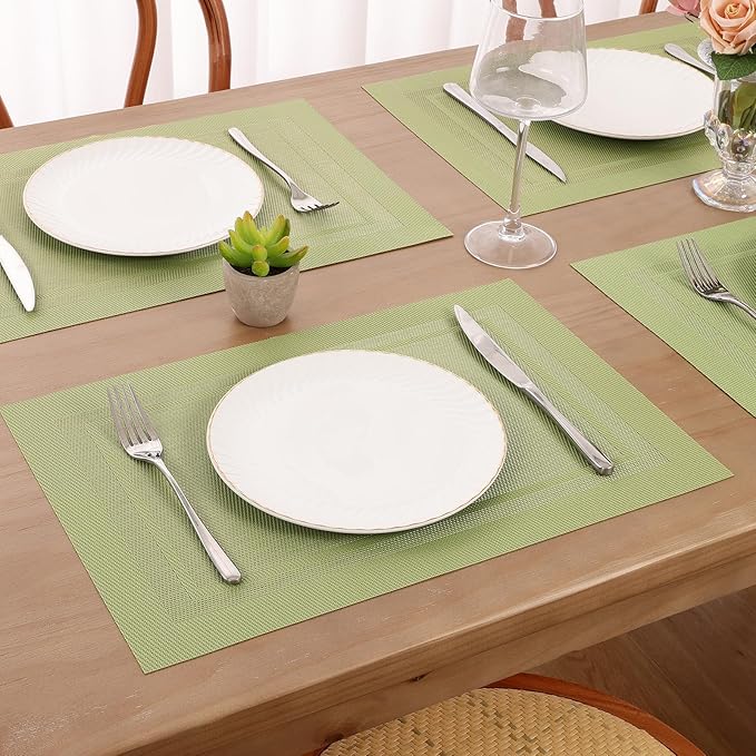 SHACOS Woven Vinyl Placemats Set of 6 Wipe Clean Place Mats for Dining Table Heat Resistant PVC Weave Table Mats Indoor Outdoor (6, Frame Olive Green)