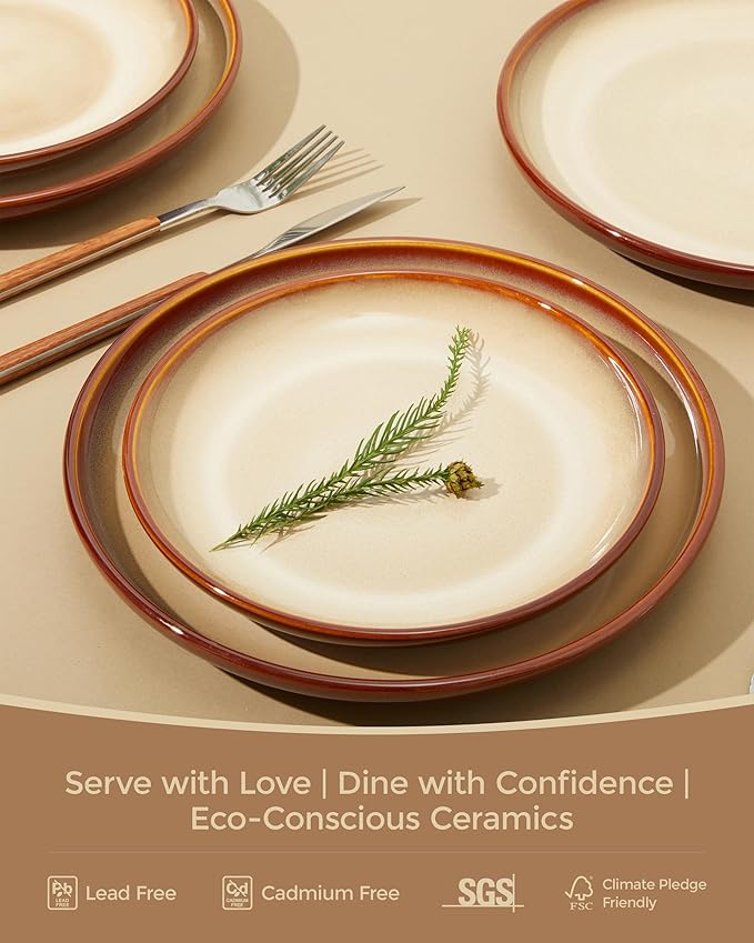 16 Piece Double Bowl Plates and Bowls Sets, Ceramic Dinnerware Sets with Pasta Bowls, Dishwasher & Microwave Safe Dish Set, Scratch Resistant Stoneware Plate Set, Service for 4 Brown Yellow