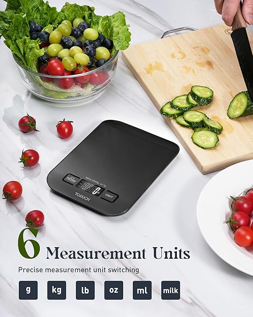 Food Scale, 11lb Digital Kitchen Scale with 6 Units LCD Display and Tare Function,Compact Design for Baking,Healthy Cooking,Meal Prep, 304 Stainless Steel Black