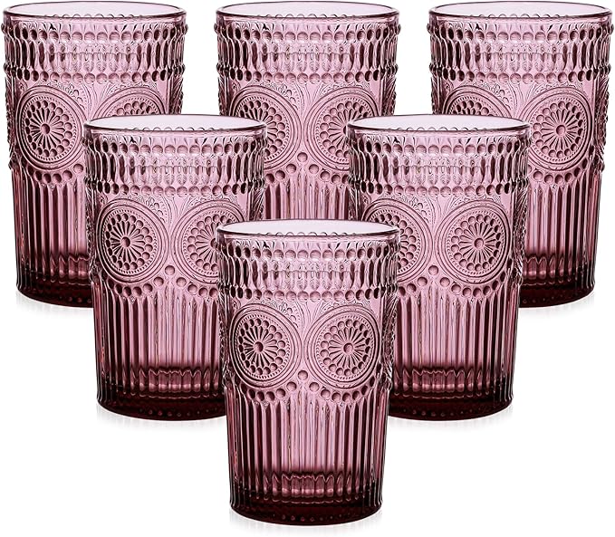 Vintage Glassware Drinking Glasses Set of 6,13 oz Purple Textured Flower Design Glass Water Tumblers，Embossed Striped Drinkware for Water,Cocktails,Juice,Iced Coffee