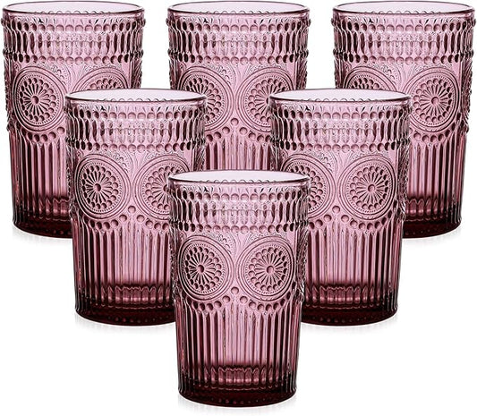 Vintage Glassware Drinking Glasses Set of 6,13 oz Purple Textured Flower Design Glass Water Tumblers，Embossed Striped Drinkware for Water,Cocktails,Juice,Iced Coffee