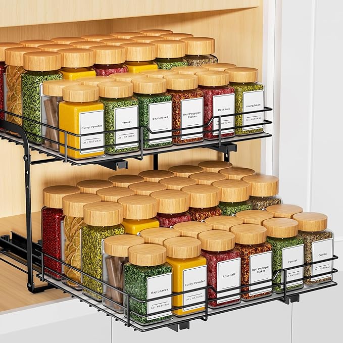 RCHYFEED Spice Rack Organizer for Cabinet, 2 Tier Slide out Spice Organization for Inside Cabinets & Pantry, Heavy Duty Adjustable Metal Spice Racks for Seasoning Organizer (13.5" Wx10.5 Dx9.5 H)