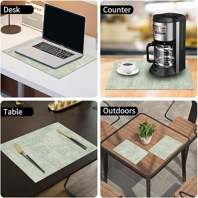 homing Faux Leather Heat Resistant Placemats 12 Packs, Waterproof Wipeable Dining PU Place Mats for Indoor & Outdoor, Easy to Clean, Light Green