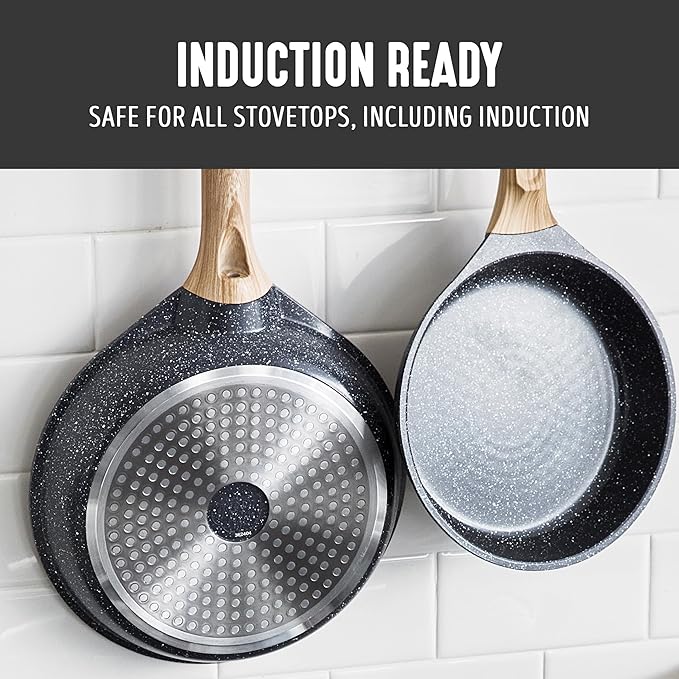 GreenLife Nonstick 2 Piece Frying Pan Set, 9.5" & 11" Skillets Ceramic PFAS-Free Nontoxic, Induction Suitable, Wood Print Handles, Stay-Cool Handles, Deep Cooking Skillets, Egg Pan, Granite Black