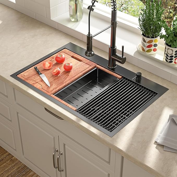 Lordear 33 Black Kitchen Sink Drop in 33x22 Drop Sink Stainless Steel 16 Gauge Gunmetal Black Ledge Workstation Single Bowl Topmount Overcounter Kitchen Sinks Deep Basin