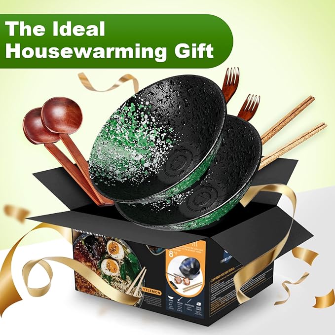 8-Inch Large Ceramic Ramen Bowl Set of 2 (9 Piece) - Microwave & Dishwasher Safe Porcelain Japanese Salad Noodles Cereal Fruit Pasta Soup Bowls with Recipes Chopsticks Forks Spoons for Men Women Gift