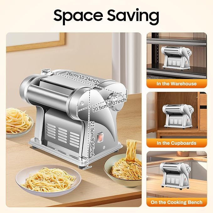 Pasta Maker Machine, Manual Roller Pasta Maker with Adjustable Thickness, 2-in-1 Electric Noodle Maker with 2 Cutters for Spaghetti, Fettuccini, Lasagna or Dumpling
