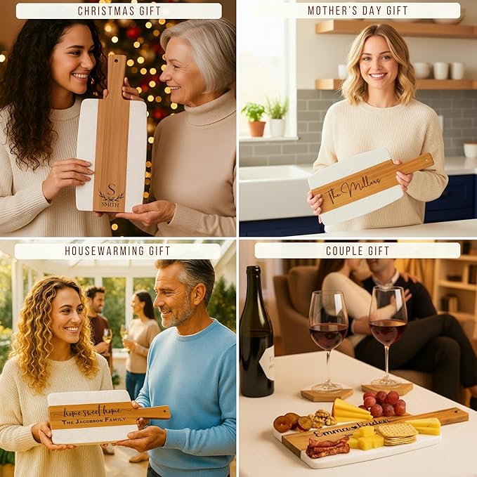 Personalized Cutting Board & 4 Coasters Set – Acacia Wood & Marble – Multi-Purpose, Food-Safe Charcuterie Boards – Gift for Weddings, Housewarmings, Christmas, Anniversaries & Bridal Showers Gifts