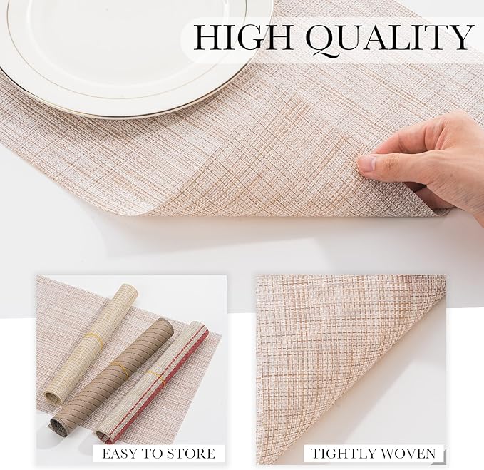 BACKTOEDEN Placemats Set of 8 Heat Resistant Washable Wipeable Placemat Woven Non-Slip Foldable Vinyl/Plastic Place Mats Indoor/Outdoor Mat Kitchen Dining Table Pad, Beige