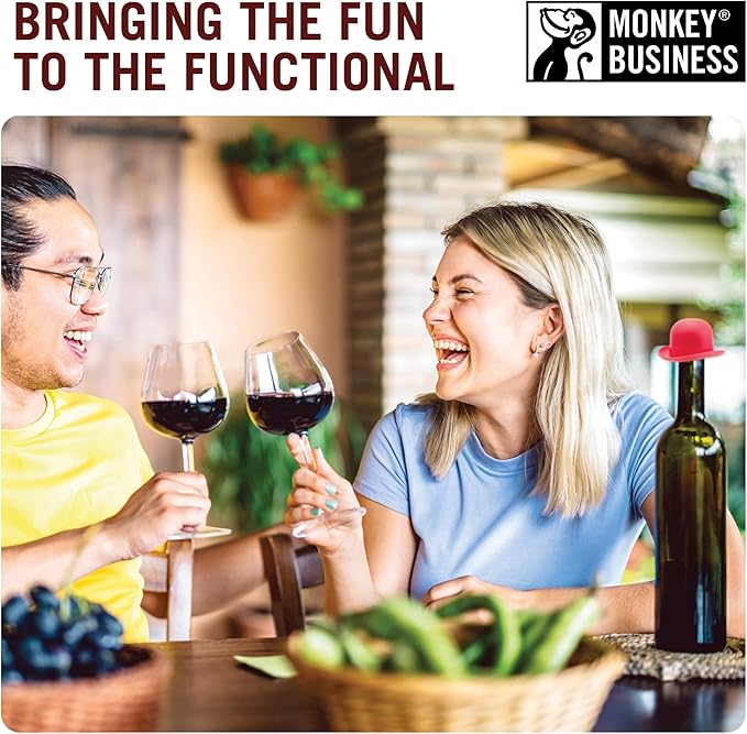 Monkey Business Silicone Wine Stopper | Seals Bottle and Keeps Wine Fresh/Cute Wine Accessories/Kitchen Gadgets/Bowler Hat Bottle Stopper (Set of 2)