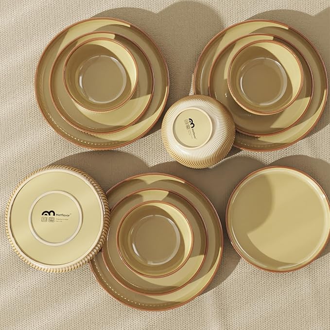 Stoneware Dinnerware Sets for 4, Earthsong 12pcs Plates and Bowls Set, Dishwasher and Microwave Safee Ceramic Dishes Set, Ribbed, Caramel Dusk