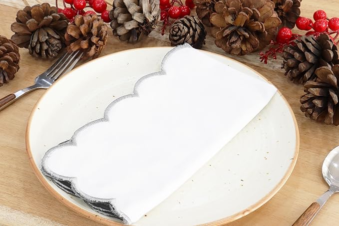 PurpleEssences Scalloped Embroidery Cloth Napkins Christmas Holiday Winter Table Decor 100% Cotton Set of 4-18 x 18 inch - White - Edges - Silver
