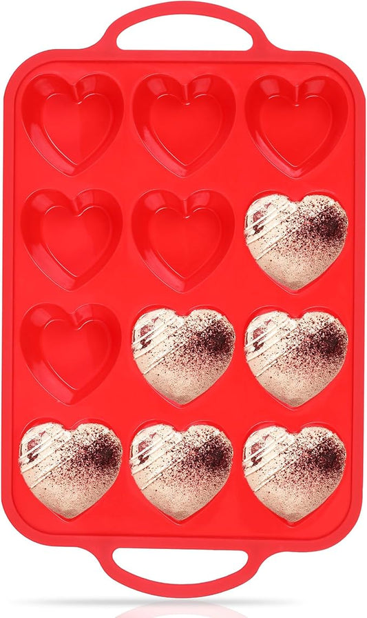 1 Pc Heart Shaped Muffin Pan with Metal Reinforced Frame 12 Cup Nonstick Silicone Heart Cake Mold for Baking 2.5 Inch Cupcake Tray (Red)