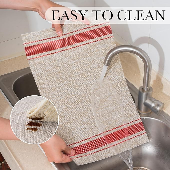 BACKTOEDEN Placemats Set of 6 Heat Resistant Washable Wipeable Placemat Woven Non-Slip Foldable Vinyl/Plastic Place Mats Indoor/Outdoor Mat Kitchen Dining Table Pad, Red Skyline
