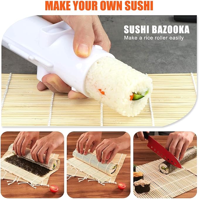 Sushi Making Kit, Sushi Roller, Sushi Bazooka, Sushi Maker, Bamboo Sushi Rolling Mat For Beginners (White)