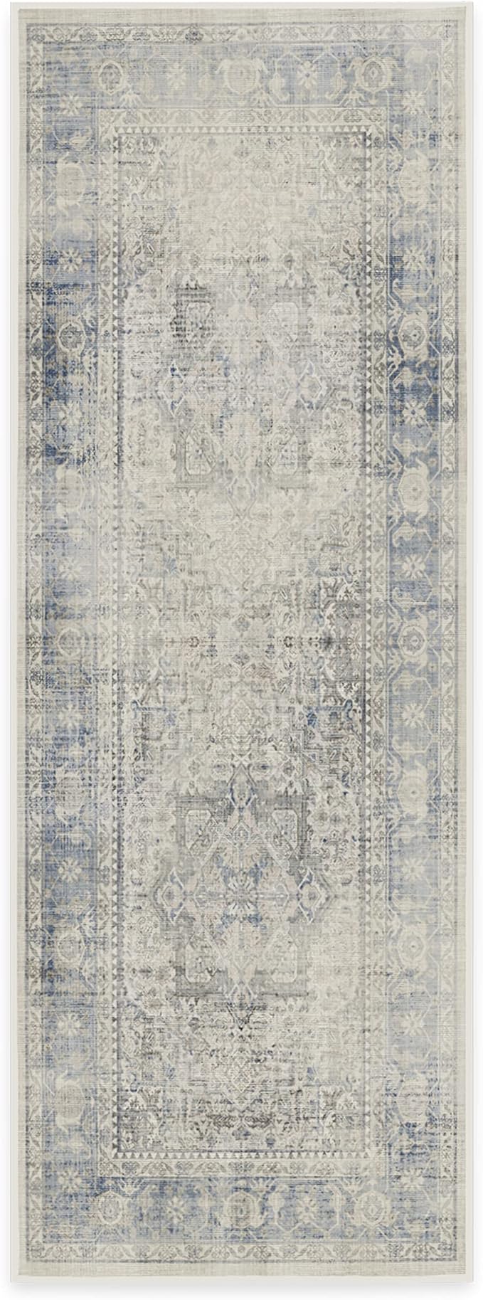 RUGGABLE Washable Vintage Runner Rug – Kamran Blue Quartz 2.5x7, Stain-Resistant, Non-Slip Hallway Runner – Machine Washable Rug for Hallway, Entryway, Living Room & Kitchen–with Cushioned Pad