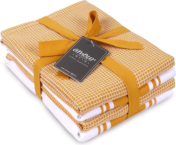 AMOUR INFINI Cotton Kitchen Towels - Set of 4 Highly Absorbent, Ultra Soft Waffle Weave Tea Towel with Hanging Loop - 20x28 Inch Quick Drying Dish Cloths for Cleaning (Yellow)