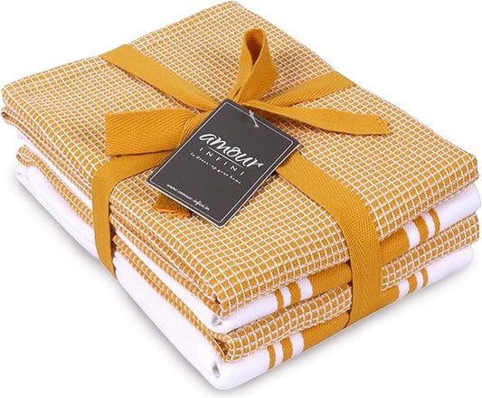 AMOUR INFINI Cotton Kitchen Towels - Set of 4 Highly Absorbent, Ultra Soft Waffle Weave Tea Towel with Hanging Loop - 20x28 Inch Quick Drying Dish Cloths for Cleaning (Yellow)