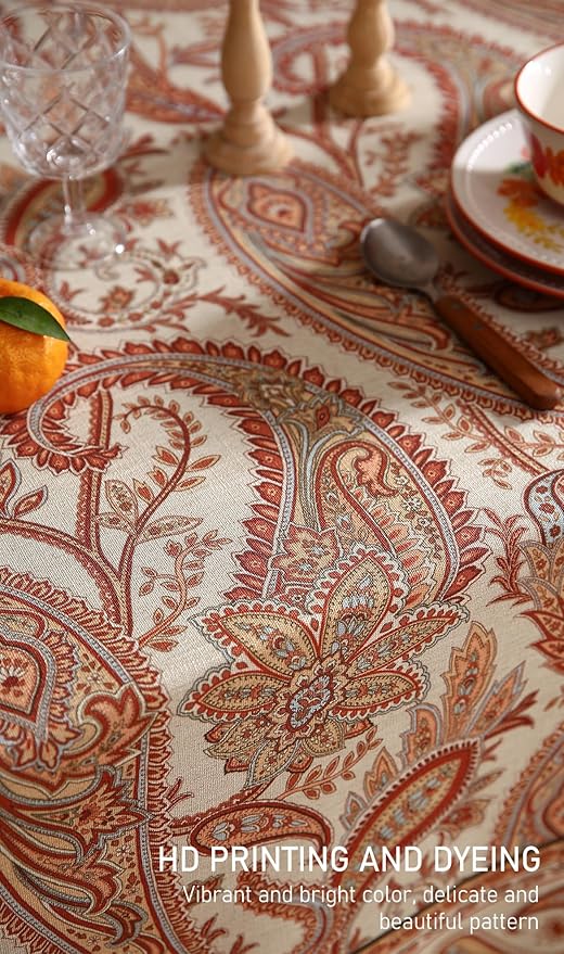Design Linen Tablecloth for Round Tables,Paisley Style Table Cloth with Cashew Pattern,Heavy Durable Table Cover for Dining Thanksgiving Kitchen Decor Party Christmas,Diameter 67"
