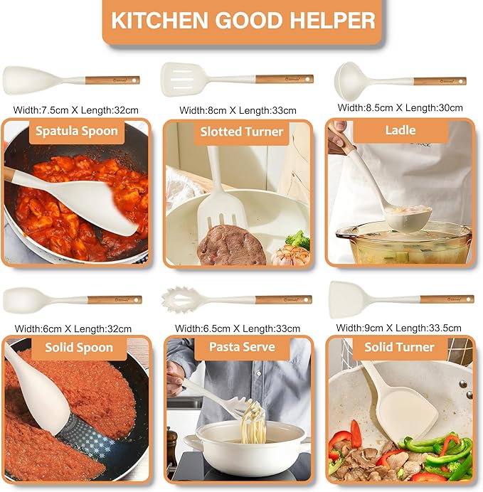 Large Silicone Cooking Utensils Set, 10Pcs Nonstick Kitchen Utensil Set with Wooden Handle, Heat Resistant Silicone Utensils for Cooking, BPA Free Spatula Set with Turners Spoon Ladle Skimmer(White)