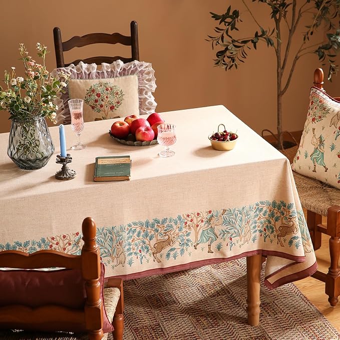patdrea Designer Beige Tablecloth for Rectangle Tables,Vintage Elegant French Linen with Trees and Kids Pattern Table Cloth,Farmhouse Table Cover Cloth Decor for Kitchen Dining Christmas,55"*87"