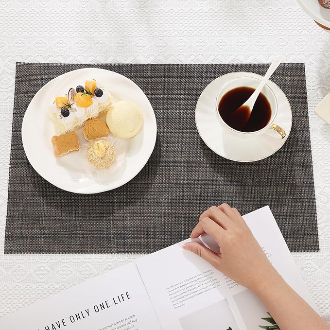 SHACOS Placemats Set of 6 Woven Vinyl Place Mats Wipeable Heat Resistant Plastic Non Slip Table Mats Indoor Outdoor, Black Brown