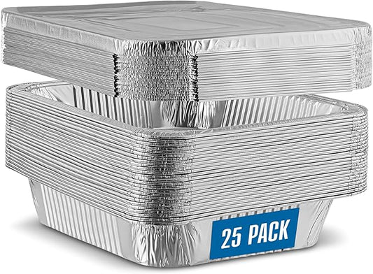 PLASTICPRO 25 Pack Aluminum Pans 9'' x 13" Disposable Pans with Covers Heavy Duty 10 lb Foil Pans for Baking and Cooking