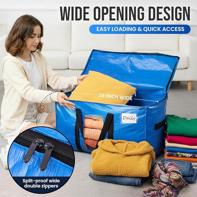 TAILI Extra Large Moving Bags, 4 Pack Blue Heavy Duty Totes For Storage with Visible Window, Wrap Around Handles, Storage Bags for Space Saving, Alternative to Moving Boxes