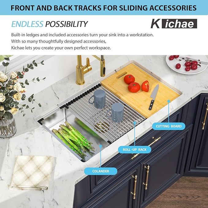 Kichae White Undermount Kitchen Sink 32 inch - 32 x 19 Granite Composite White Undermount Kitchen Sink Quartz Workstation Sinks