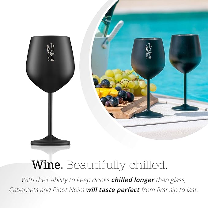 Gusto Nostro Stainless Steel Wine Glass - 18 oz - Unbreakable Black Wine Glasses for Travel, Camping and Pool - Fancy, Unique and Cool Portable Metal Wine Glass for Outdoor Events, Picnics (Set of 2)