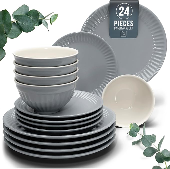 Stoneware Dinnerware Set for 8 People HYGGE 24-Piece - Elegant Scandi Design - Premium Dish Set - Bowl and Plate Set - Tableware for 8 People in a Ribbed Design - Pure Living in Gray-Blue