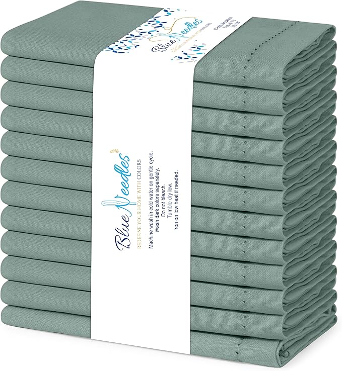 Blue Needles Set of 12 Hemstitch Linen Napkins 100% Cotton Hunter Green Cloth Dinner Napkins 18x18 inches, Soft, Reusable Absorbent Washable, Ideal for Fall Thanksgiving Events, Parties & Everyday Use
