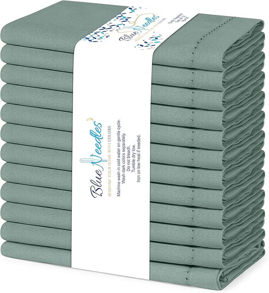 Blue Needles Set of 12 Hemstitch Linen Napkins 100% Cotton Hunter Green Cloth Dinner Napkins 18x18 inches, Soft, Reusable Absorbent Washable, Ideal for Fall Thanksgiving Events, Parties & Everyday Use