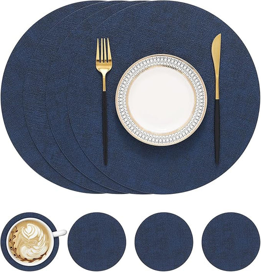 homing Round Faux Leather Placemat and Coaster 4 Packs, Washable Heat Resistant Dining Place Mats, Wipeable Double-Sided Table Mats for Indoor and Outdoor, Diameter 13 and 3.93 inch, Navy